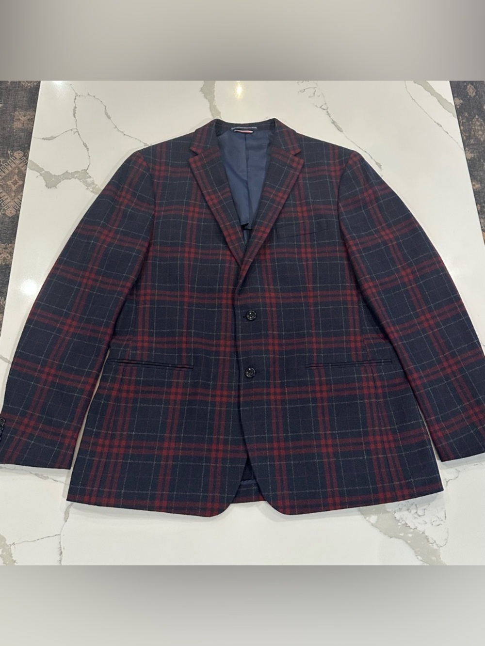 Vintage Tommy Hilfiger Wool Blazer Navy Red Plaid Sport Coat Mens 44L Preppy Ivy